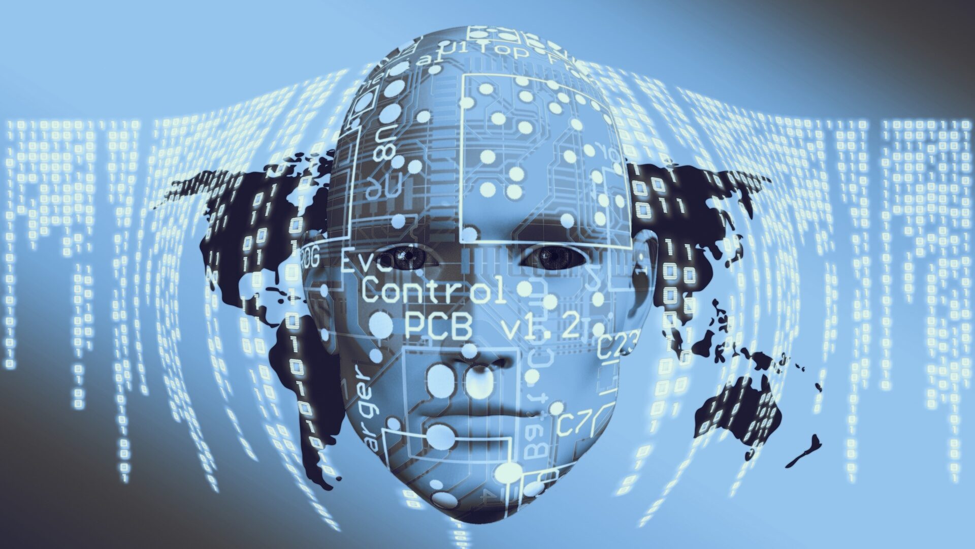 Grafische Darstellung eines Roboterkopfs mit einem darübergelegten Computercode. Symbolbild für die Gefahren durch KI