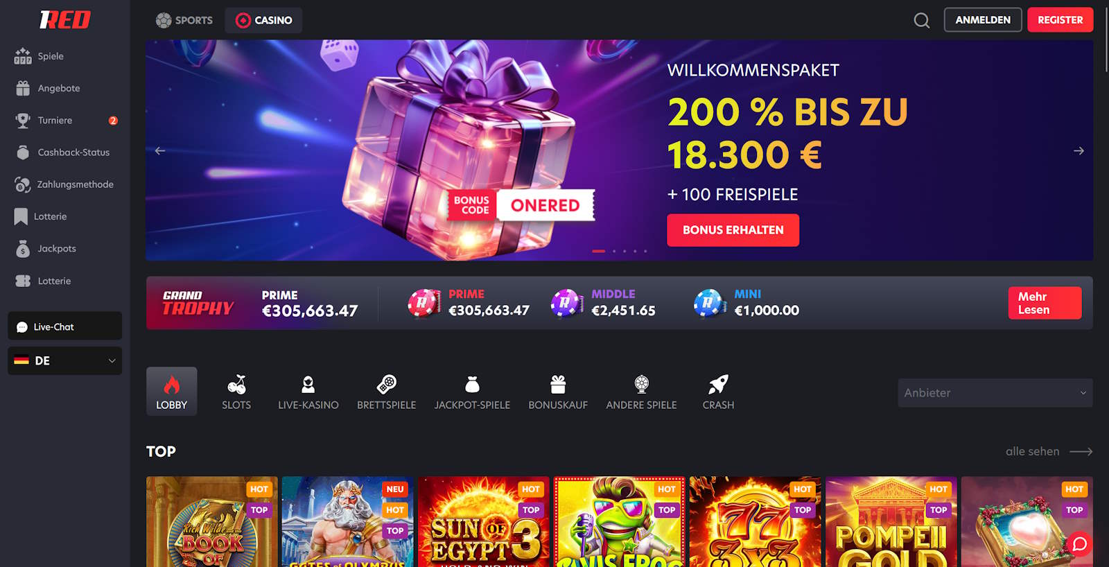 Startseite bei 1Red Casino Online